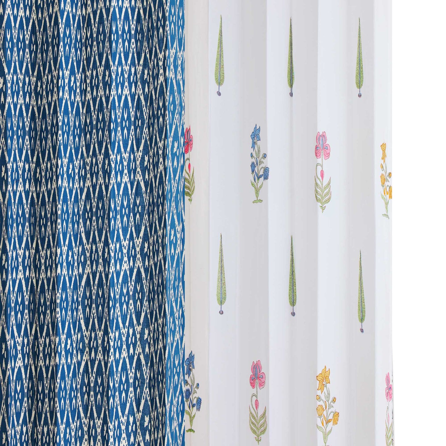 Teen Buta Border with Geometric Indigo Cotton Handblock Combo (Set of 4 Curtains)