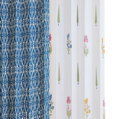 Teen Buta Border with Geometric Indigo Cotton Handblock Combo (Set of 4 Curtains)