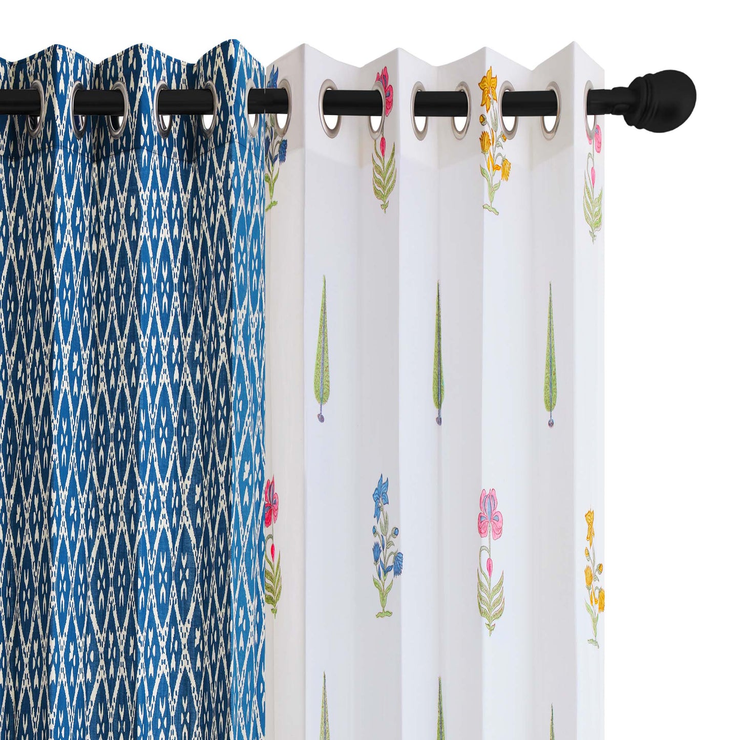 Teen Buta Border with Geometric Indigo Cotton Handblock Combo (Set of 4 Curtains)