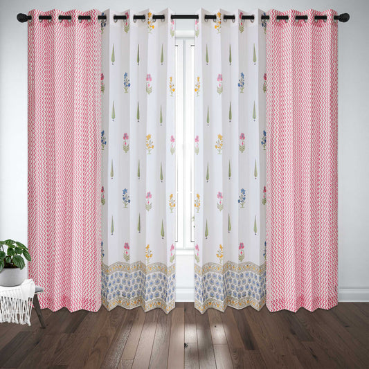 Teen Buta Border with Pink Zigzag Cotton Handblock Combo (Set of 4 Curtains)