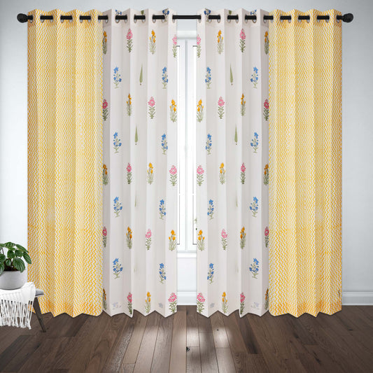 Teen Buta with Yellow Zigzag Cotton Handblock Curtain Combo (Set of 4 Curtains