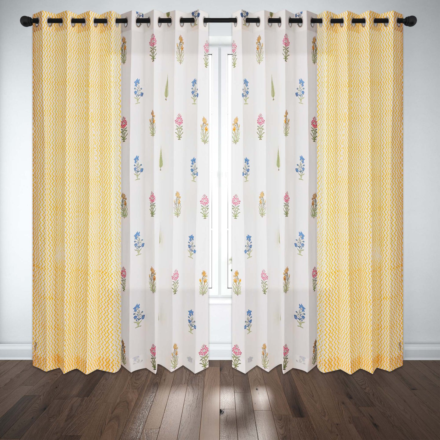 Teen Buta with Yellow Zigzag Cotton Handblock Curtain Combo (Set of 4 Curtains