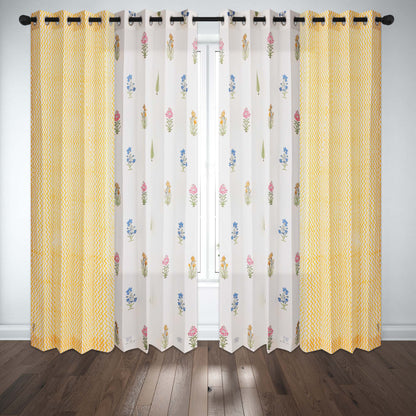 Teen Buta with Yellow Zigzag Cotton Handblock Curtain Combo (Set of 4 Curtains