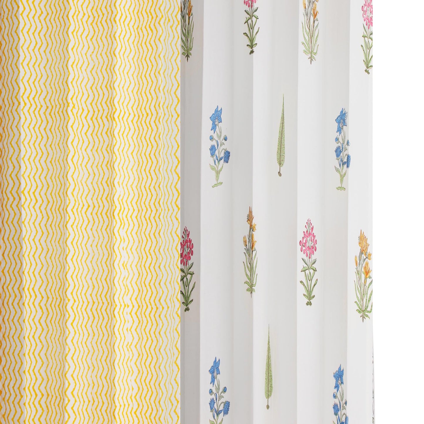 Teen Buta with Yellow Zigzag Cotton Handblock Curtain Combo (Set of 4 Curtains