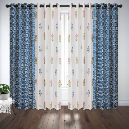 Teen Buta with Geometric Indigo Cotton Handblock Combo (Set of 4 Curtains)