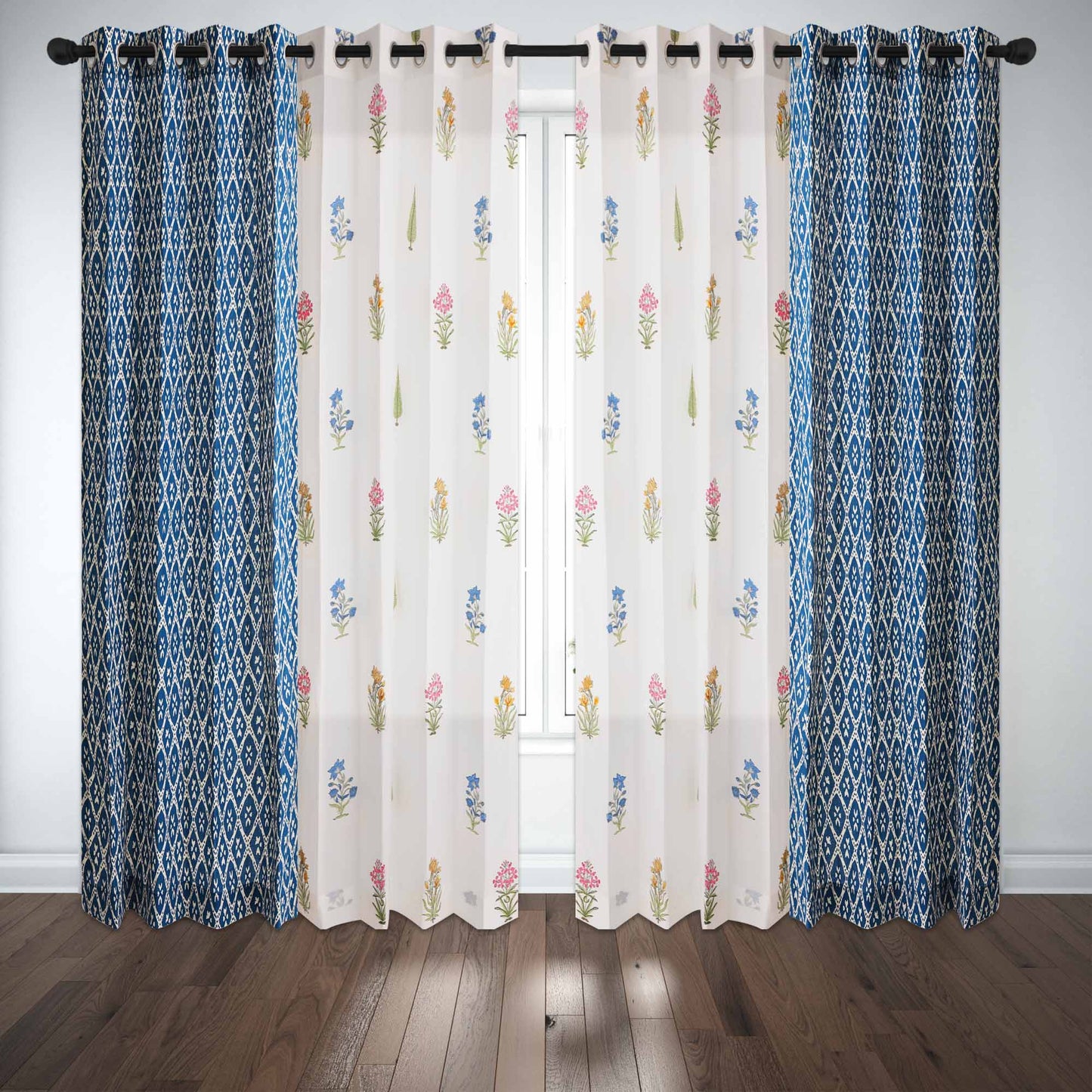 Teen Buta with Geometric Indigo Cotton Handblock Combo (Set of 4 Curtains)