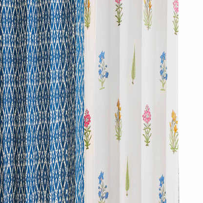 Teen Buta with Geometric Indigo Cotton Handblock Combo (Set of 4 Curtains)