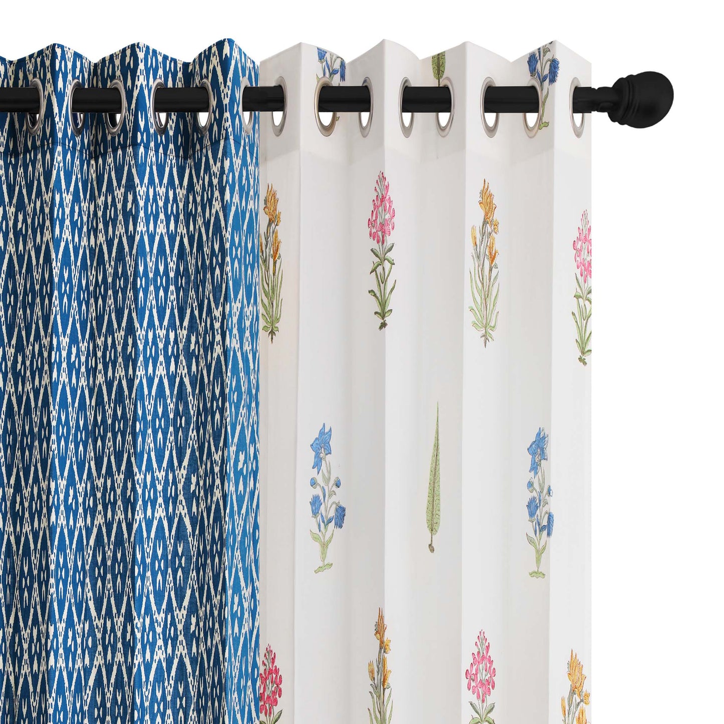 Teen Buta with Geometric Indigo Cotton Handblock Combo (Set of 4 Curtains)