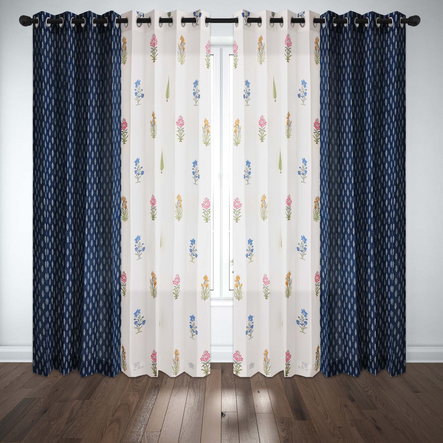 Teen Buta with Indigo White Buta Cotton handblock Combo (Set of 4 Curtains)