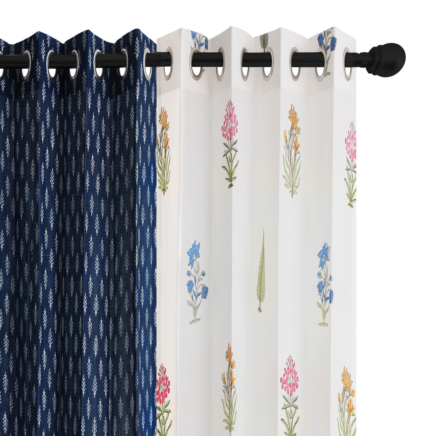 Teen Buta with Indigo White Buta Cotton handblock Combo (Set of 4 Curtains)