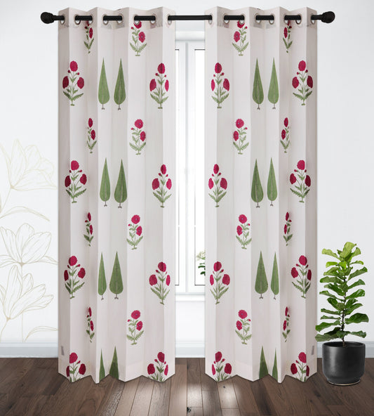 Wine Poppy and Green Cyprus Cotton Handblock Curtain (Pair of 2 Curtains)