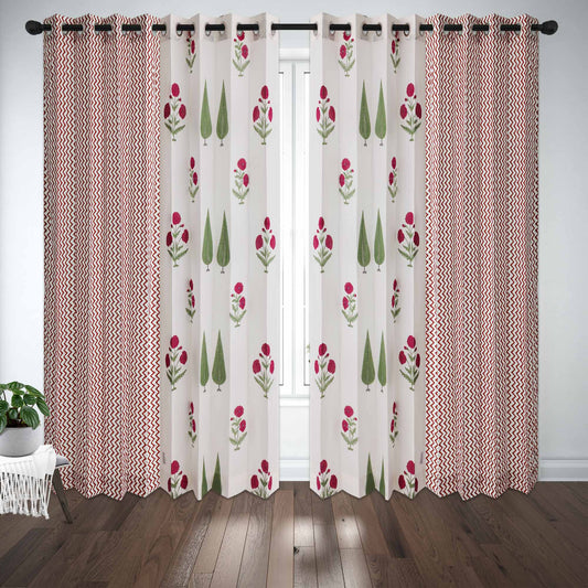 Wine Poppy and Green Cyprus with Maroon Zigzag Cotton Handblock Combo (Set of 4 Curtains)
