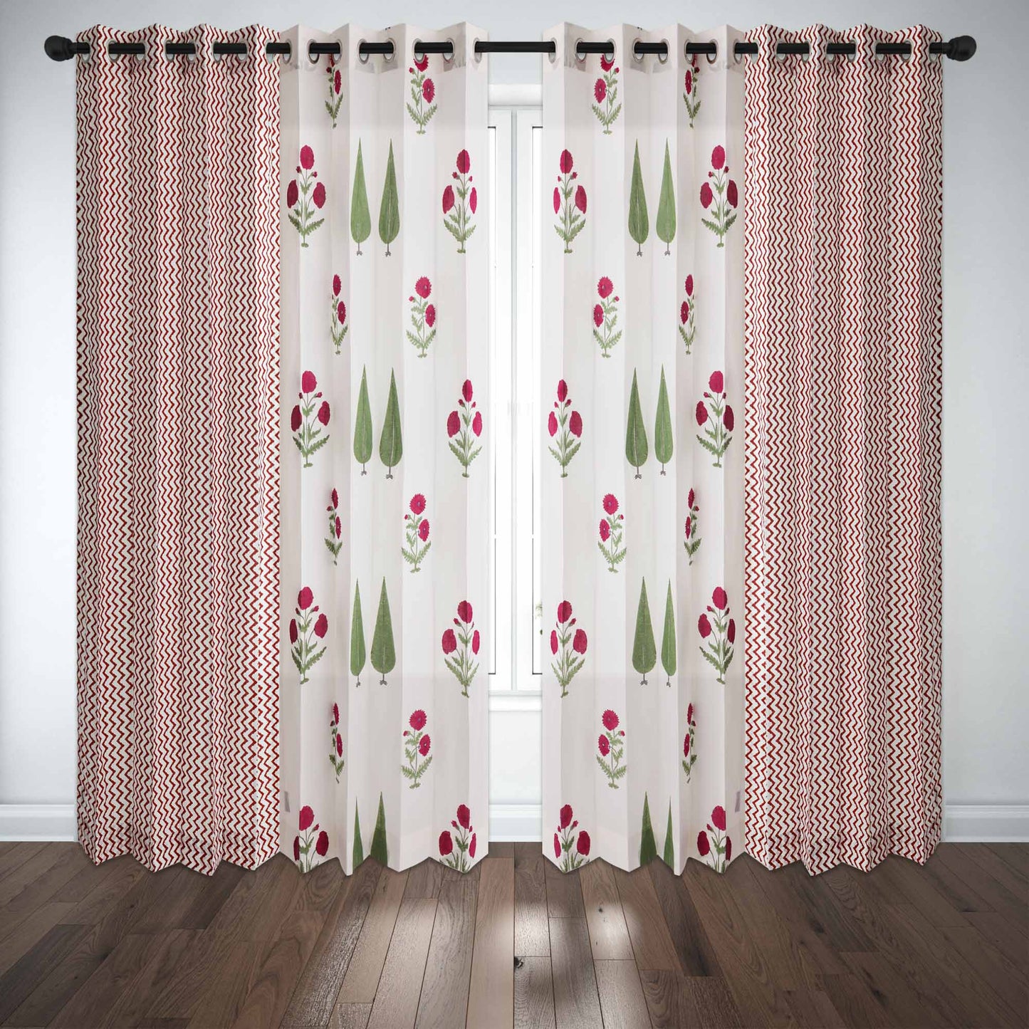 Wine Poppy and Green Cyprus with Maroon Zigzag Cotton Handblock Combo (Set of 4 Curtains)