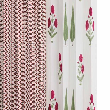 Wine Poppy and Green Cyprus with Maroon Zigzag Cotton Handblock Combo (Set of 4 Curtains)