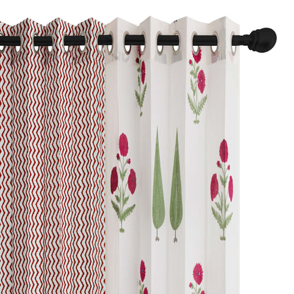 Wine Poppy and Green Cyprus with Maroon Zigzag Cotton Handblock Combo (Set of 4 Curtains)