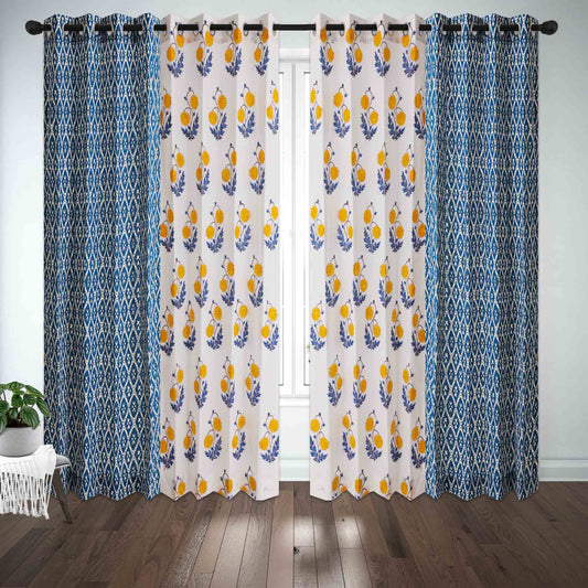 Yellow Blue Sunflower with Geometric Indigo Cotton Handblock Combo (Set of 4 Curtains)