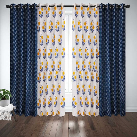 Yellow Blue Sunflower with Indigo White Buta Cotton Handblock Combo (Set of 4 Curtains)
