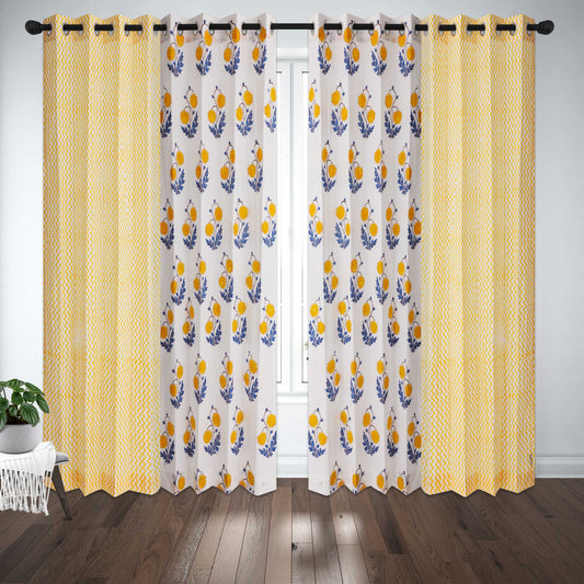 Yellow Blue Sunflower with Yellow Zigzag Cotton Handblock Combo (Set of 4 Curtains)