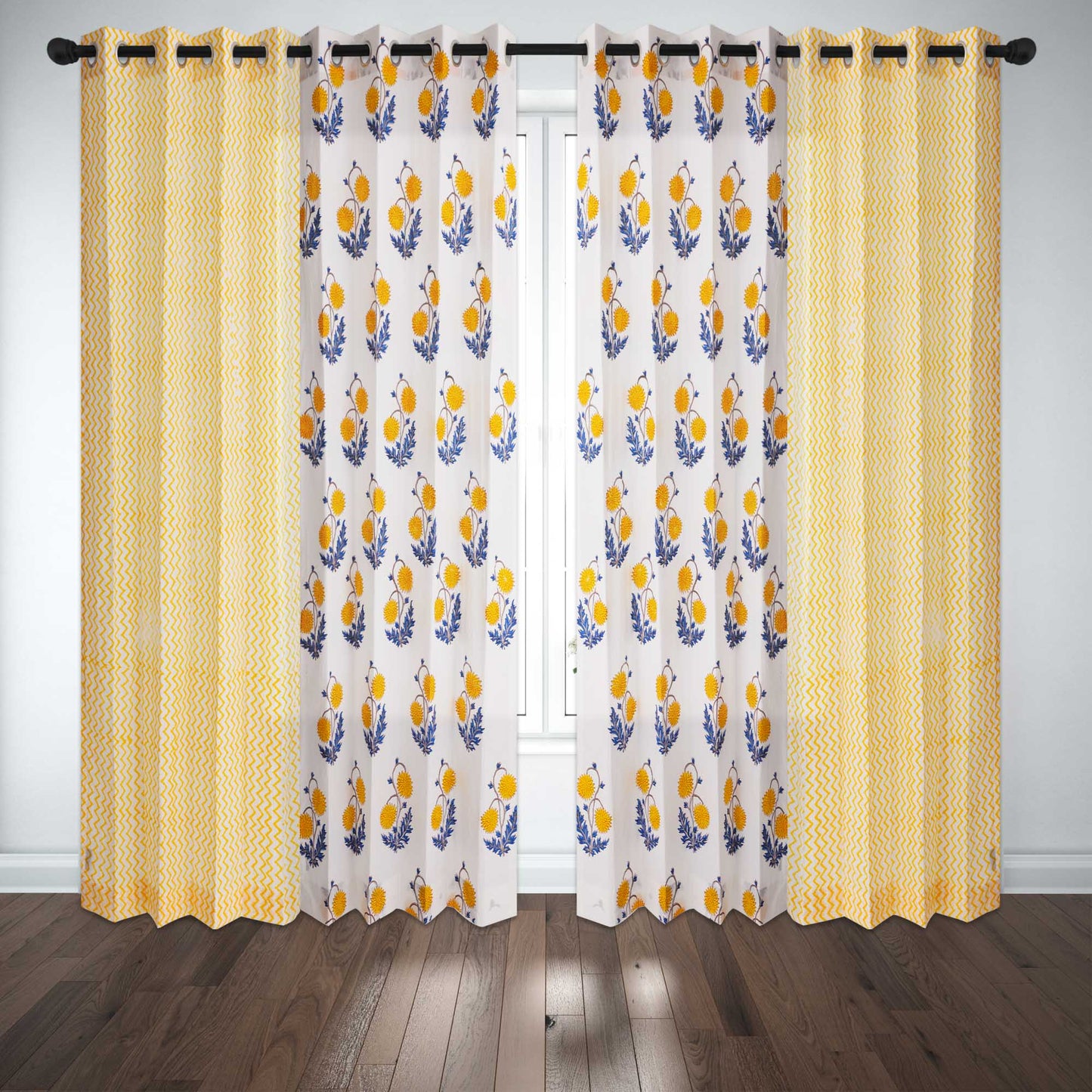 Yellow Blue Sunflower with Yellow Zigzag Cotton Handblock Combo (Set of 4 Curtains)