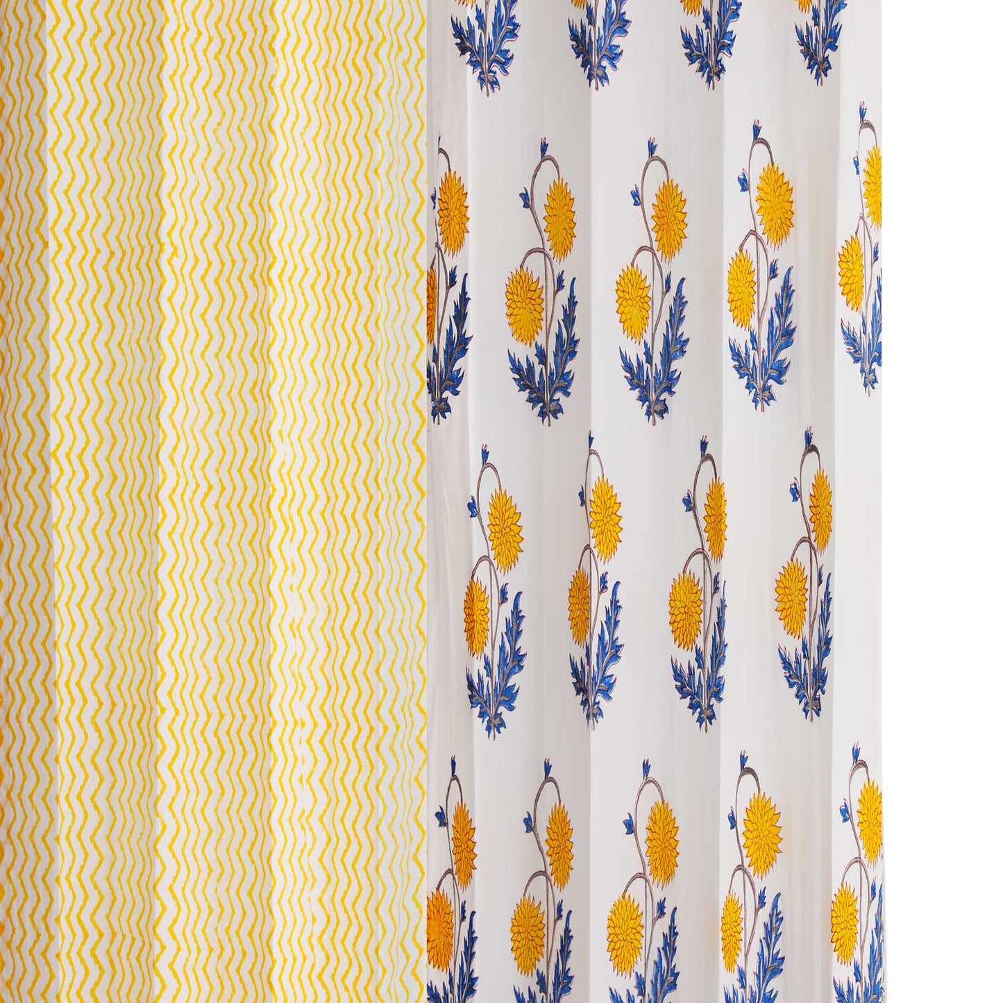 Yellow Blue Sunflower with Yellow Zigzag Cotton Handblock Combo (Set of 4 Curtains)