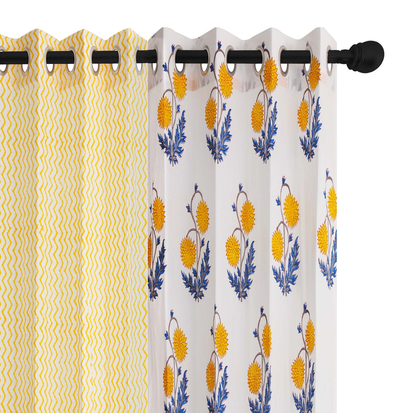 Yellow Blue Sunflower with Yellow Zigzag Cotton Handblock Combo (Set of 4 Curtains)