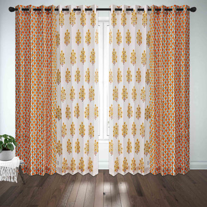 Yellow Brown Gulbahar with Mustard Yellow Jaal Cotton Handblock Combo (Set of 4 Curtains)