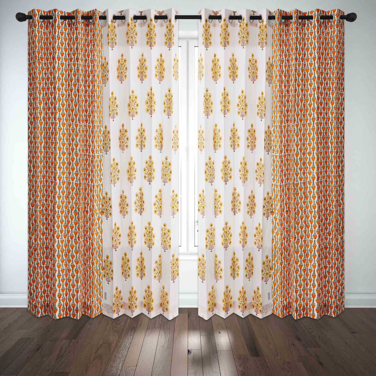 Yellow Brown Gulbahar with Mustard Yellow Jaal Cotton Handblock Combo (Set of 4 Curtains)