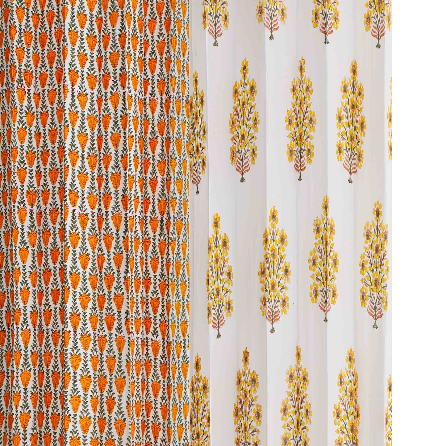 Yellow Brown Gulbahar with Mustard Yellow Jaal Cotton Handblock Combo (Set of 4 Curtains)