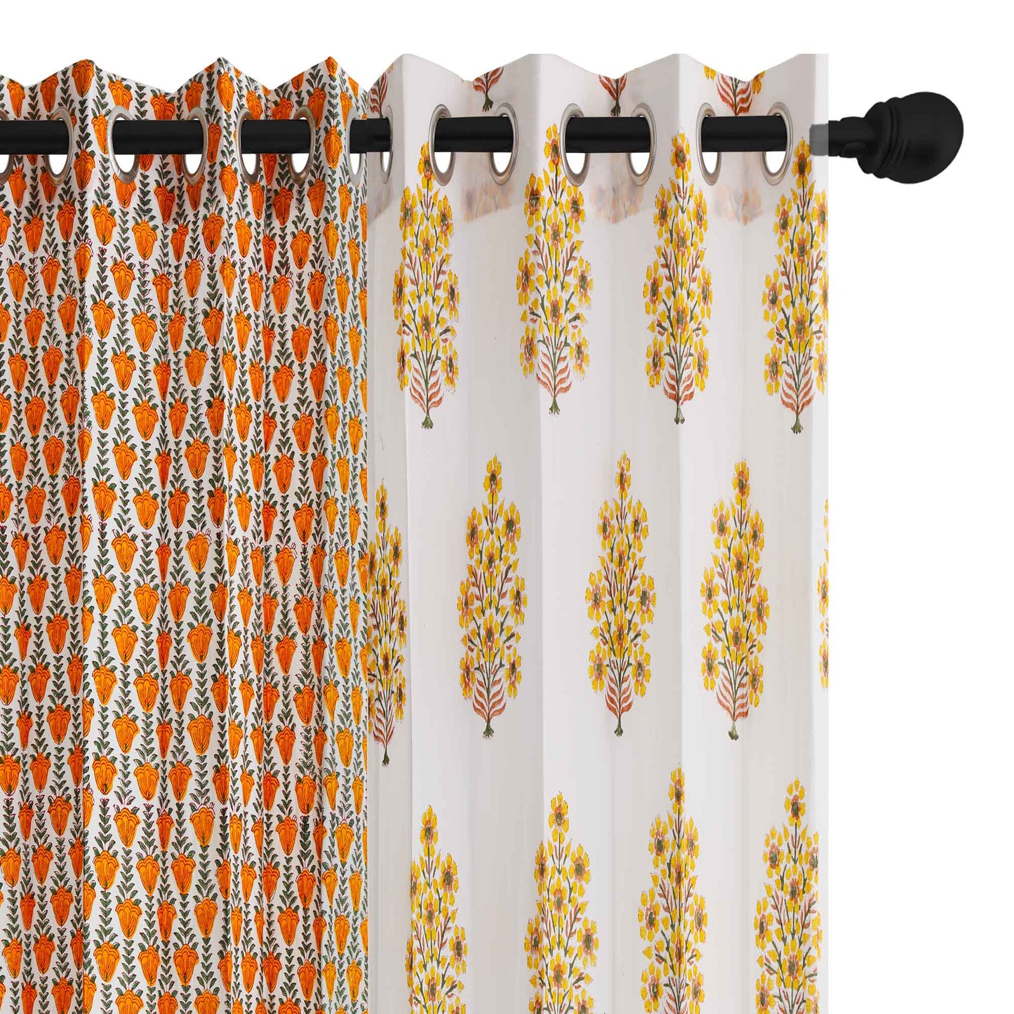 Yellow Brown Gulbahar with Mustard Yellow Jaal Cotton Handblock Combo (Set of 4 Curtains)