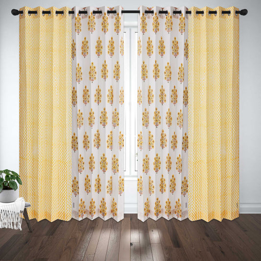Yellow Brown Gulbahar with Yellow Zigzag Cotton Handblock Combo (Set of 4 Curtains)