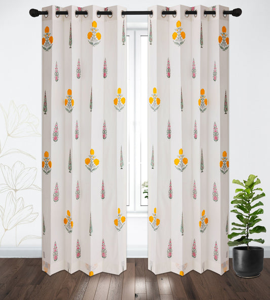 Yellow Poppy and Cyprus Garden Cotton Handblock Curtain (Pair of 2 Curtains)