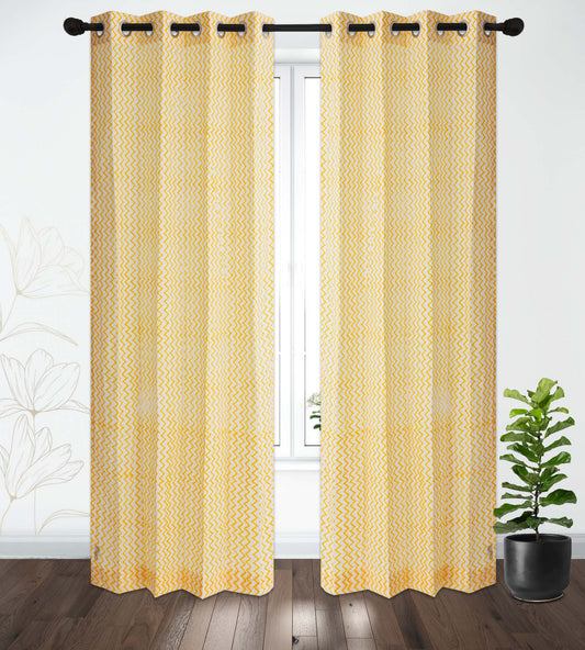 Yellow Zigzag Cotton Handblock Curtain (Pair of 2 Curtains)