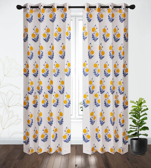 Yellow and Blue Sunflower Cotton Handblock Curtain (Pair of 2 Curtains)
