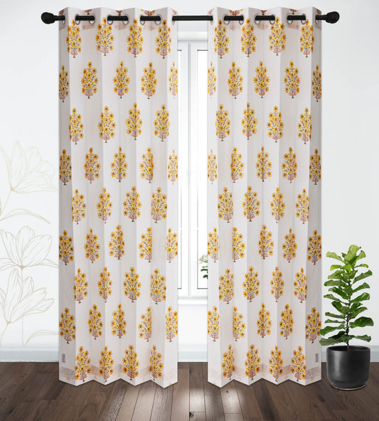 Yellow and Brown Gulbahar Cotton Handblock Curtain (Pair of 2 Curtains)