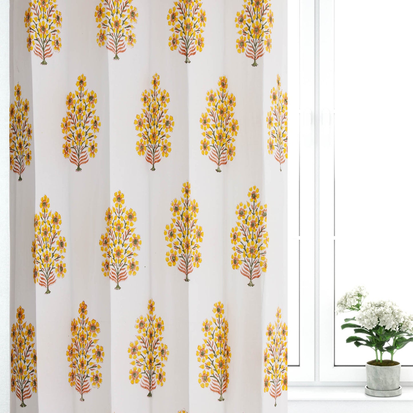 Yellow and Brown Gulbahar Cotton Handblock Curtain (Pair of 2 Curtains)