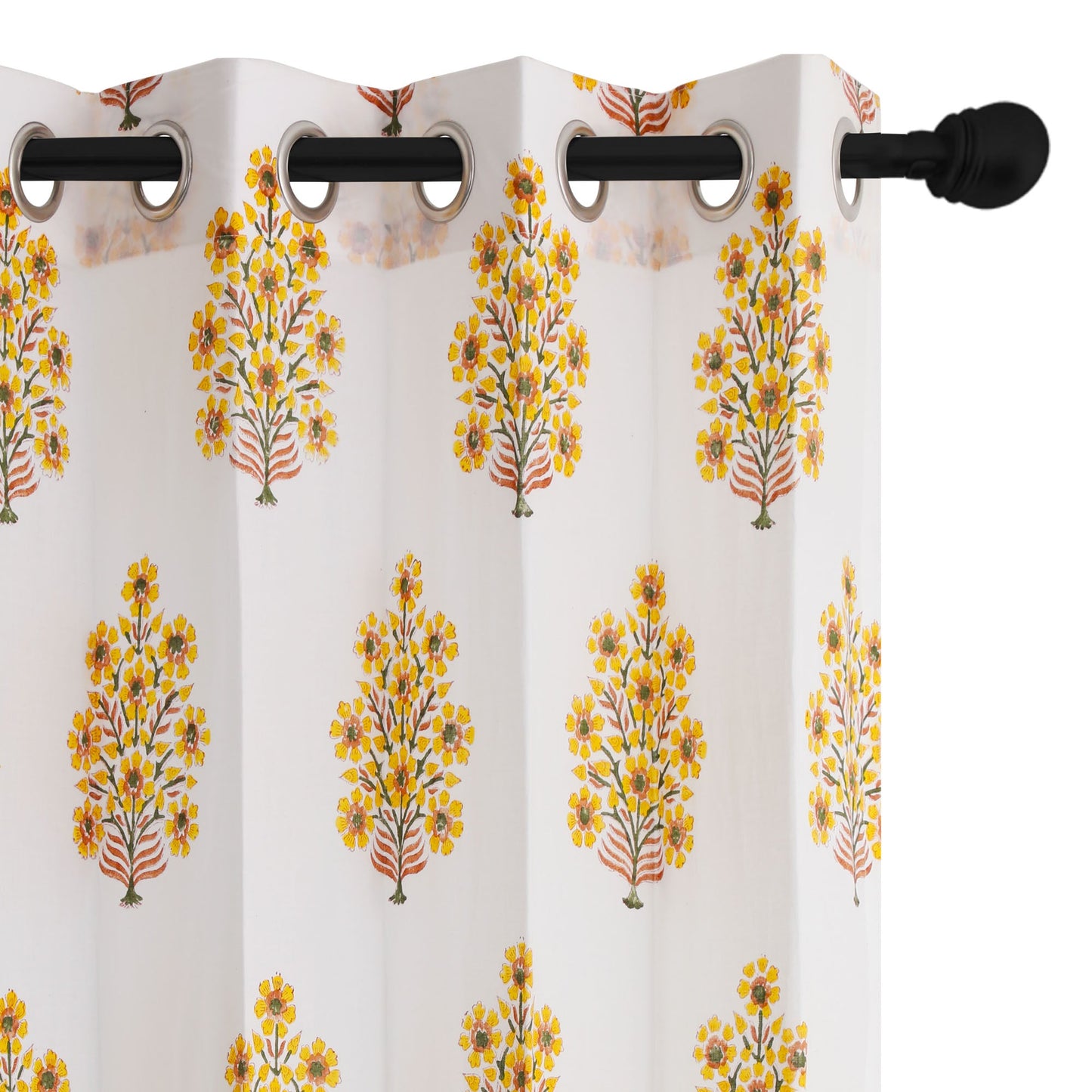 Yellow and Brown Gulbahar Cotton Handblock Curtain (Pair of 2 Curtains)